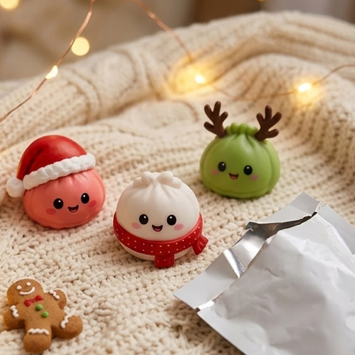Trzy figurki squishy na dzianinowym kocu