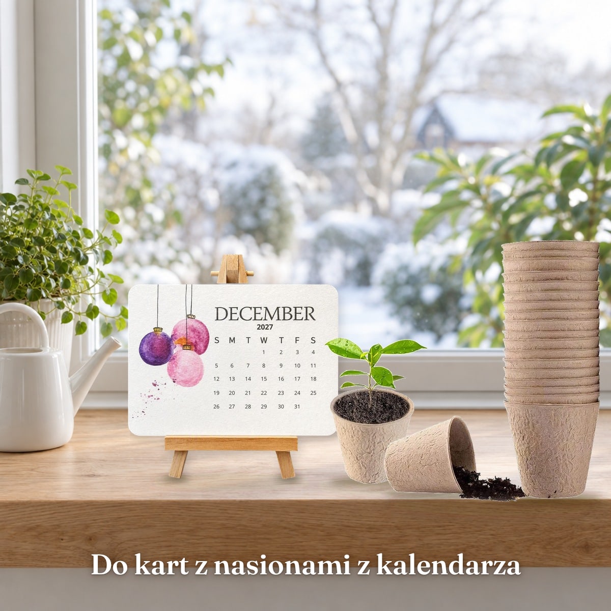 Kalendarz z nasionami na stojaku obok doniczek na parapecie