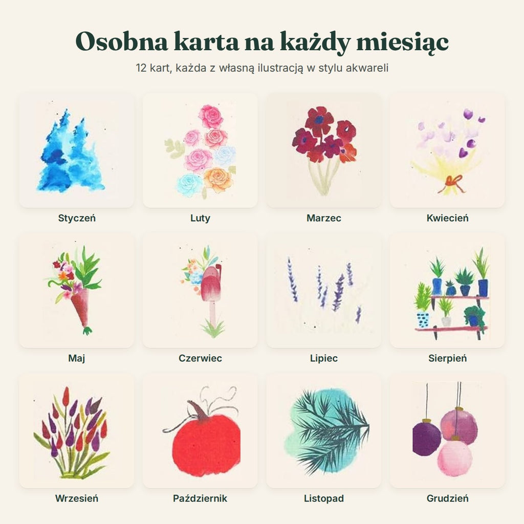 12 akwarelowych ilustracji kalendarza z nasionami, po jednej na każdy miesiąc