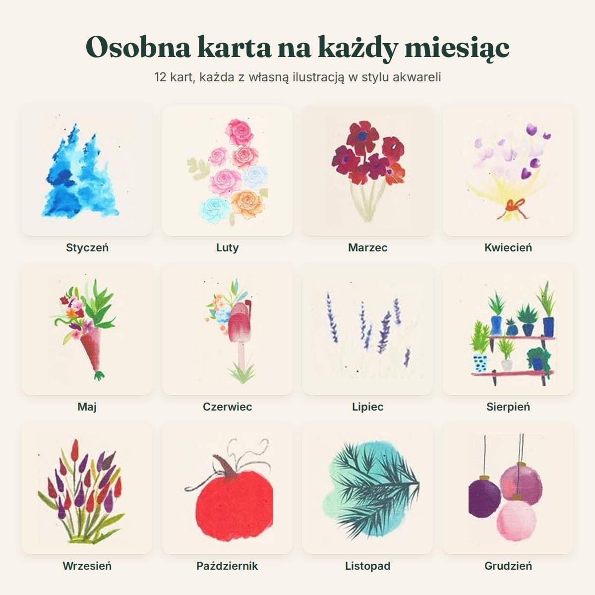 12 akwarelowych ilustracji kalendarza z nasionami, po jednej na każdy miesiąc