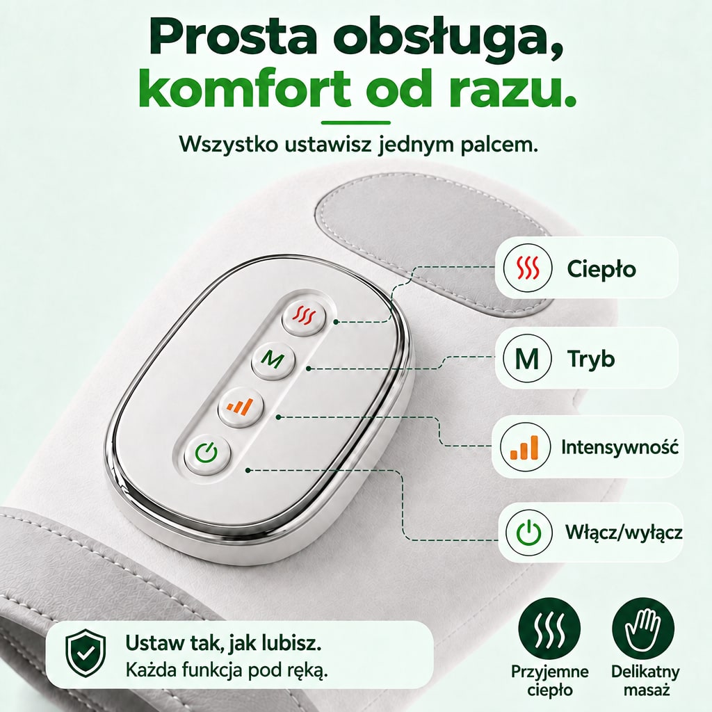 Panel sterowania Solinera: przyciski ciepła, trybu, intensywności i włączania
