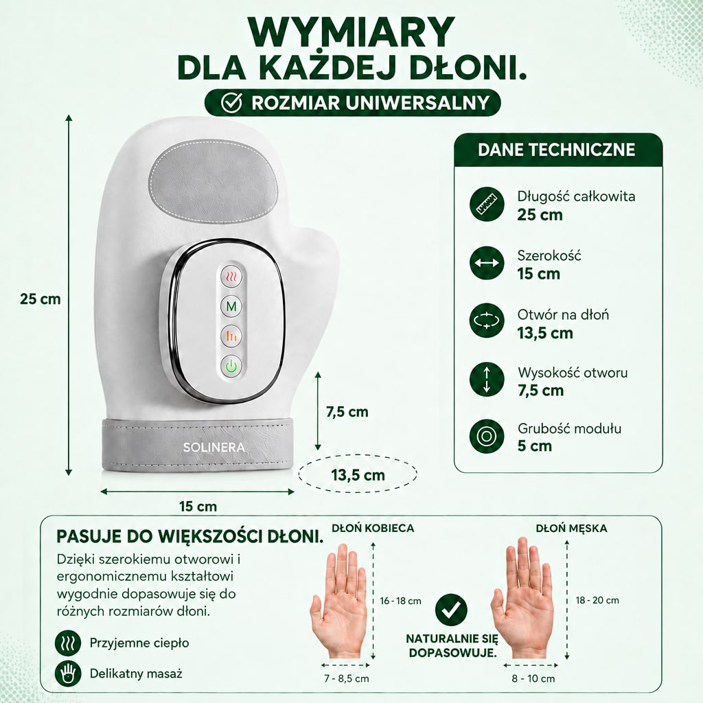 Wymiary rękawicy Solinera: 25 × 15 cm, otwór na dłoń 13,5 cm